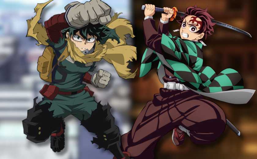 A collage of the two main characters of My Hero Academia and Demon Slayer: Izuku Midoriya (Deku) and Tanjiro Kamado.