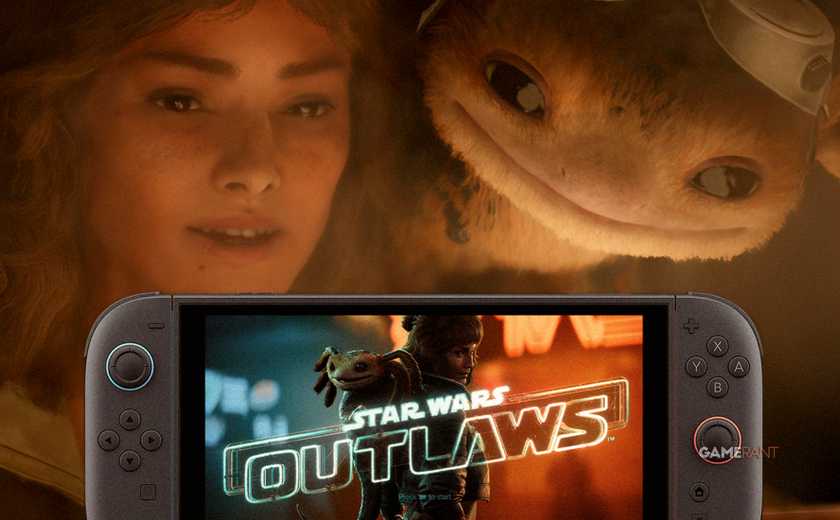 Kai and Nyx looking at Star Wars Outlaws on Nintendo Switch 2 2x1 composite